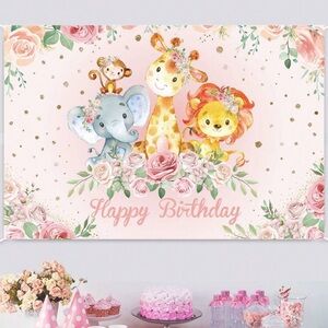 Floral Jungle Animal Happy Birthday Backdrop, Decorative Background Cloth